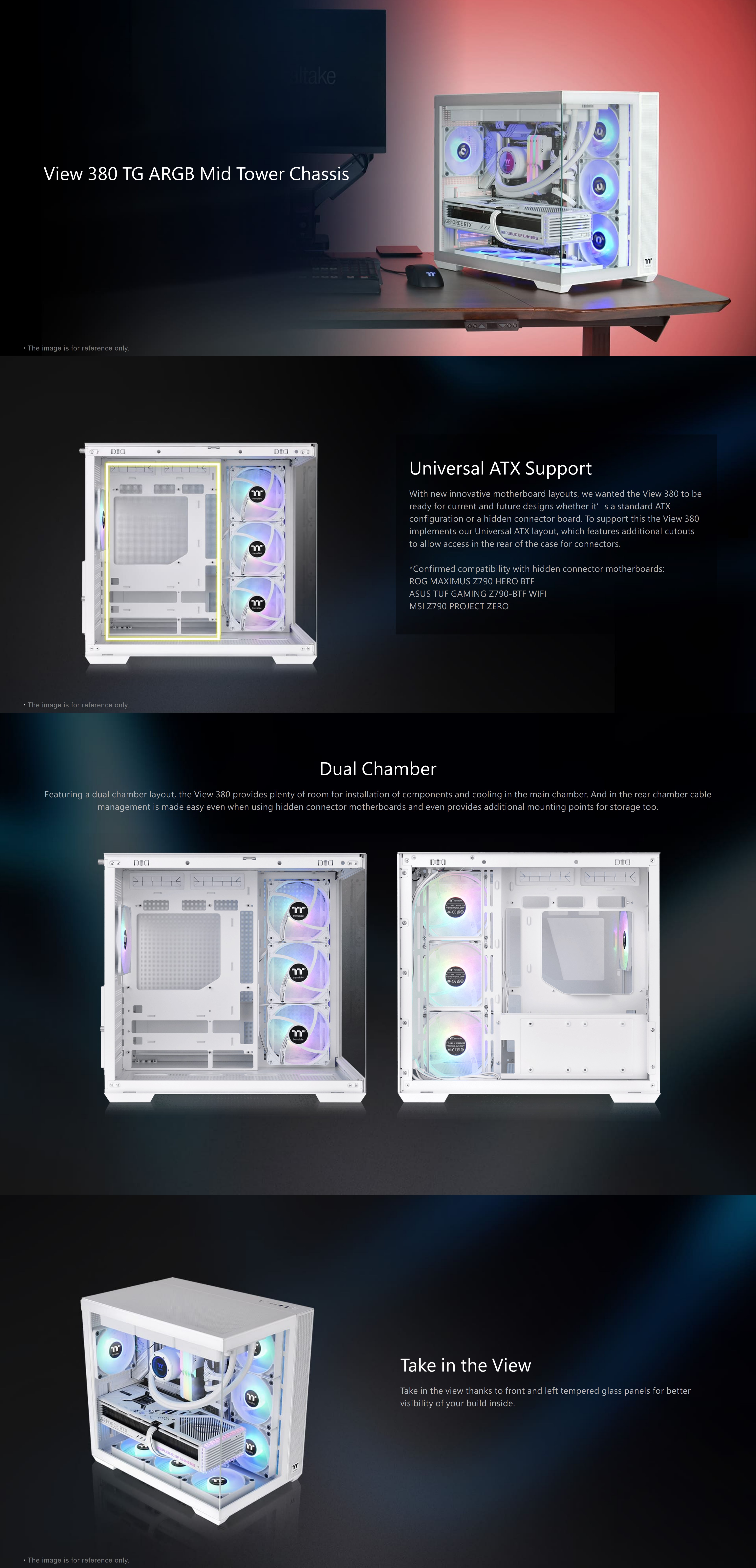 A large marketing image providing additional information about the product Thermaltake View 380 TG - Mid Tower Case (Snow) - Additional alt info not provided